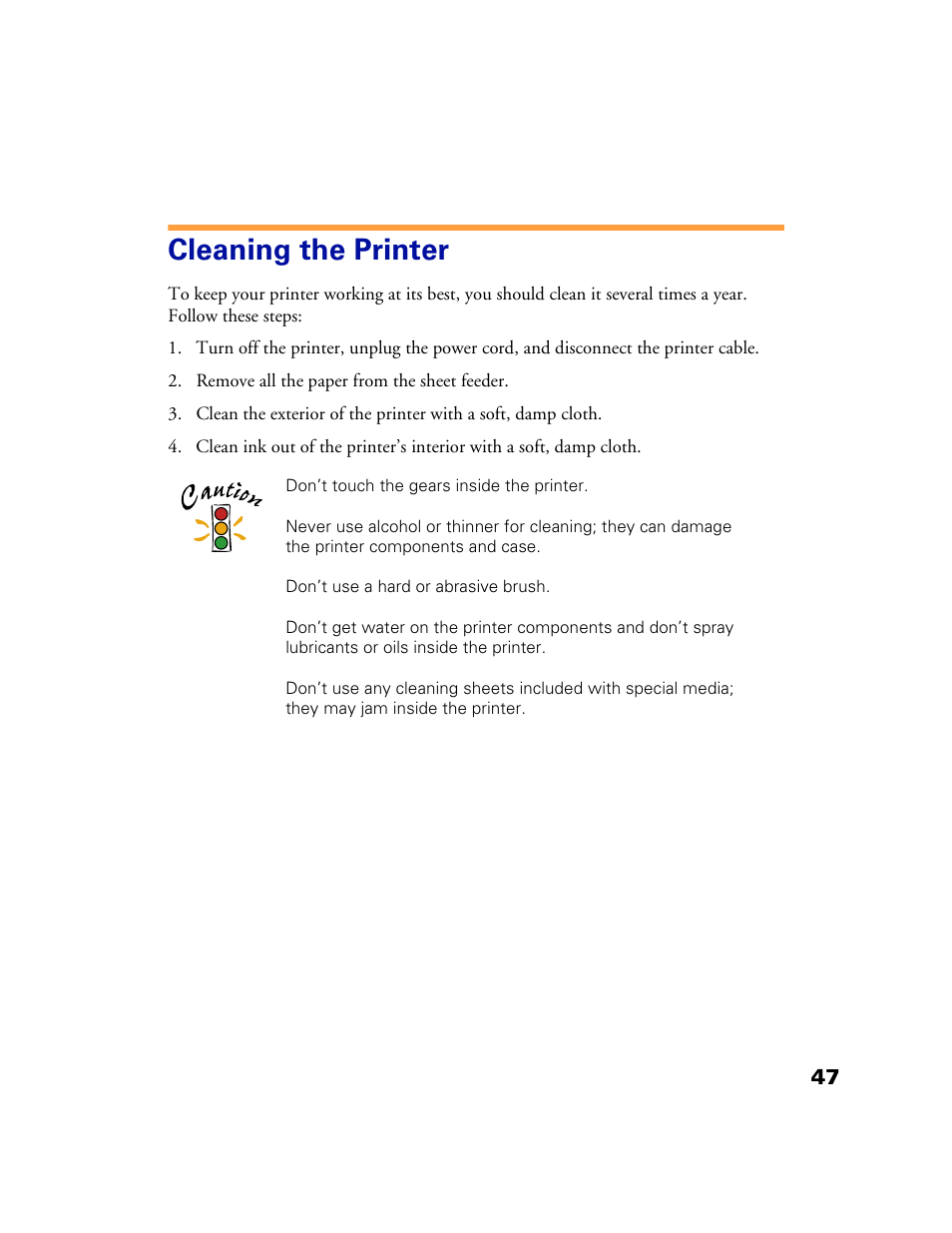 Cleaning the printer | Epson 1160 User Manual | Page 52 / 73