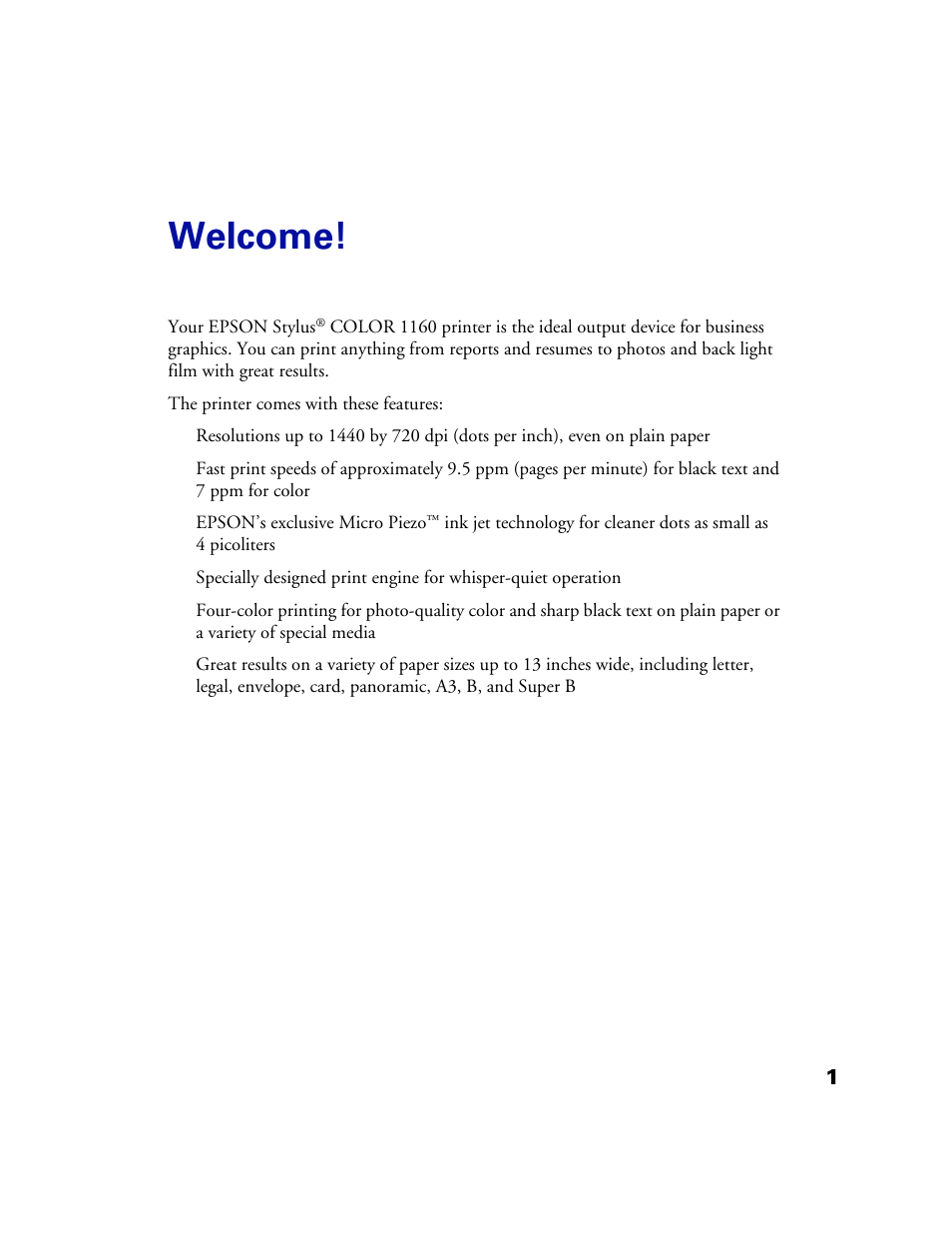 Welcome, Welcome! 1 | Epson 1160 User Manual | Page 6 / 73