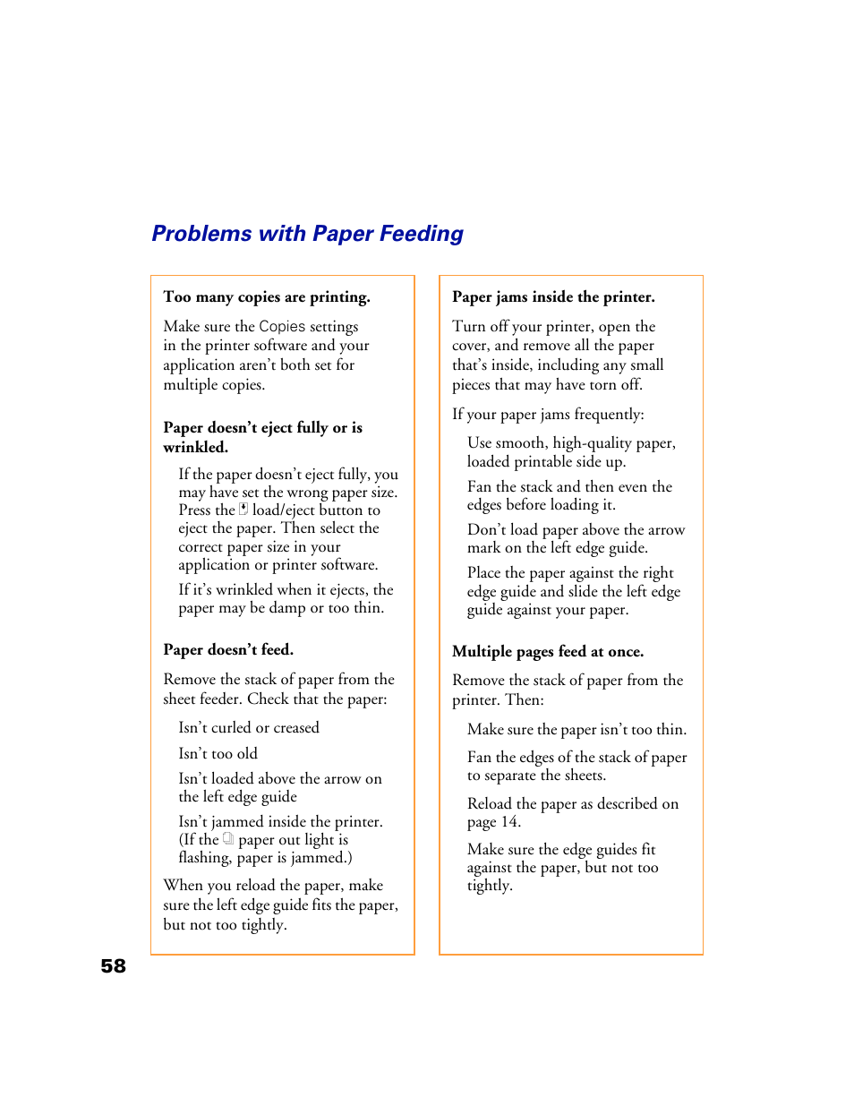 Problems with paper feeding | Epson 1160 User Manual | Page 63 / 73