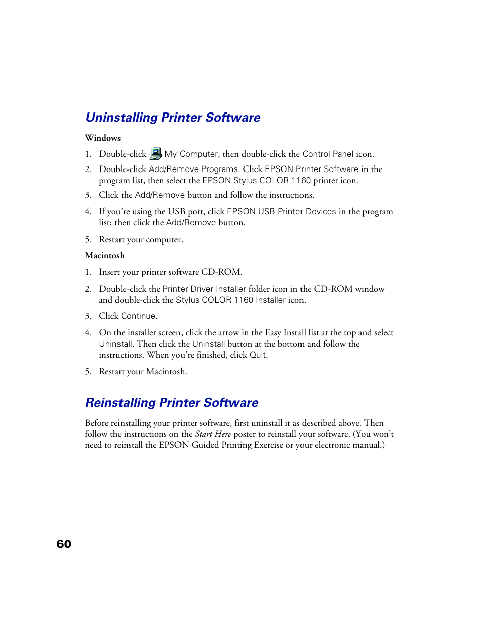 Uninstalling printer software, Reinstalling printer software | Epson 1160 User Manual | Page 65 / 73