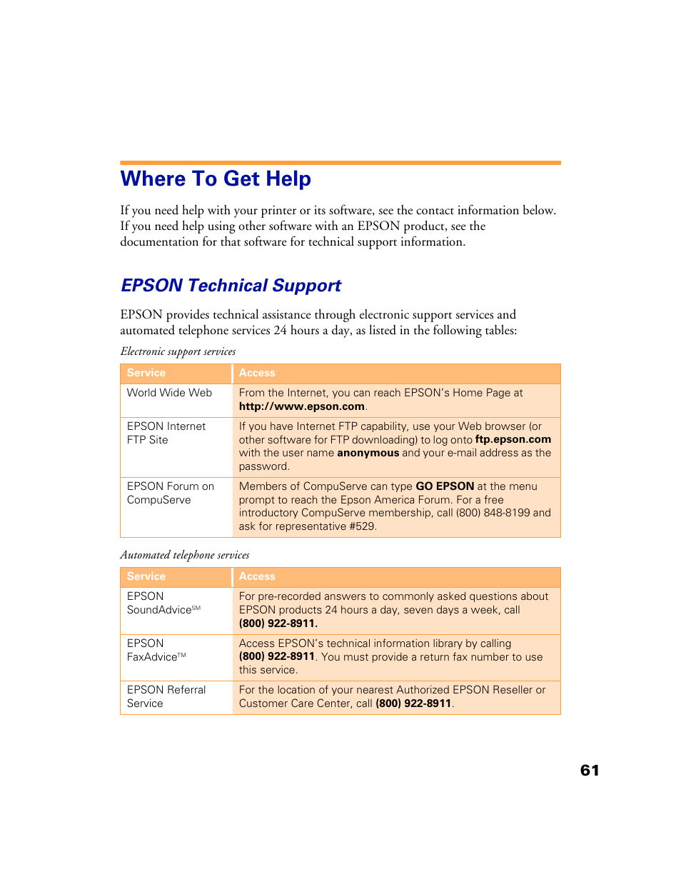 Where to get help, Epson technical support | Epson 1160 User Manual | Page 66 / 73