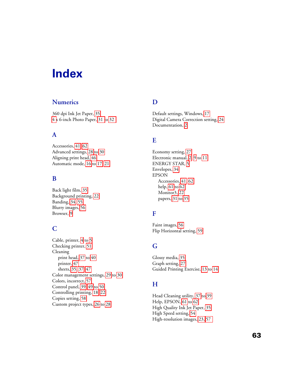 Index, Index 63 | Epson 1160 User Manual | Page 68 / 73