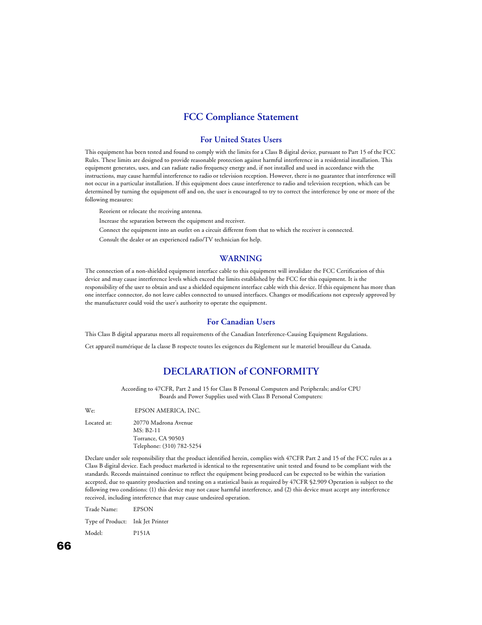 Fcc compliance statement, Declaration of conformity, For united states users | Warning, For canadian users | Epson 1160 User Manual | Page 71 / 73