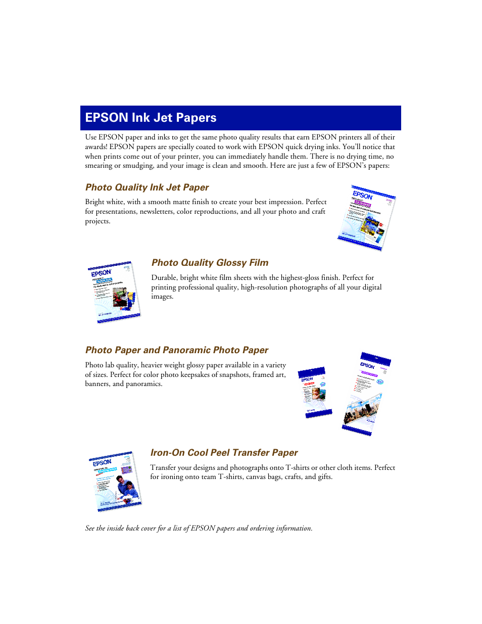 Epson ink jet papers | Epson 1160 User Manual | Page 72 / 73