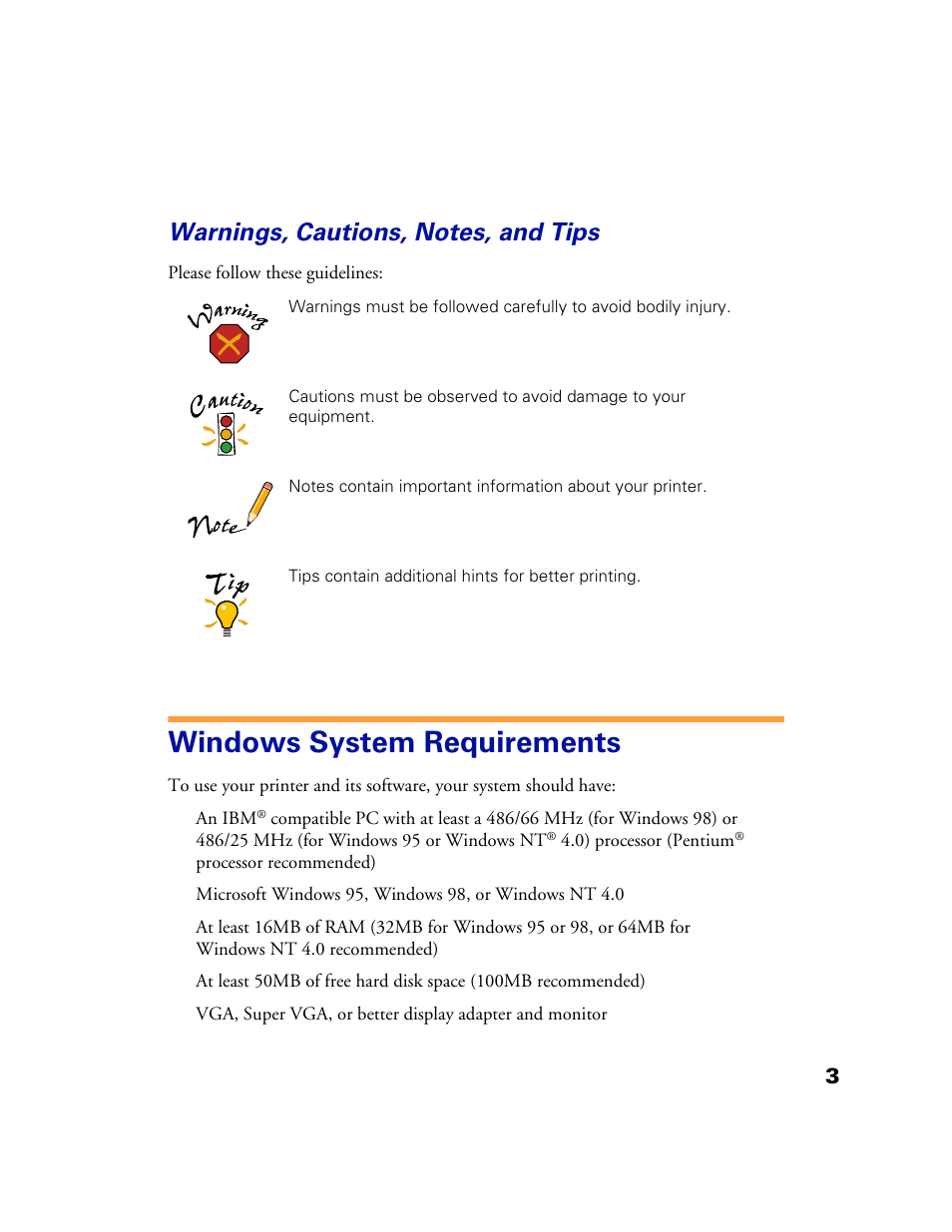 Warnings, cautions, notes, and tips, Windows system requirements | Epson 1160 User Manual | Page 8 / 73