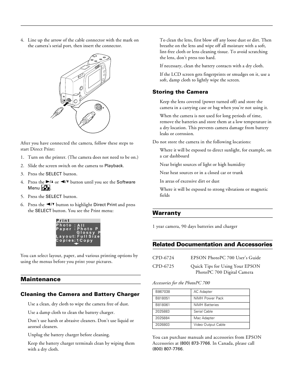 Maintenance, Cleaning the camera and battery charger, Storing the camera | Warranty, Related documentation and accessories, Epson photopc 700 | Epson 700 User Manual | Page 10 / 10