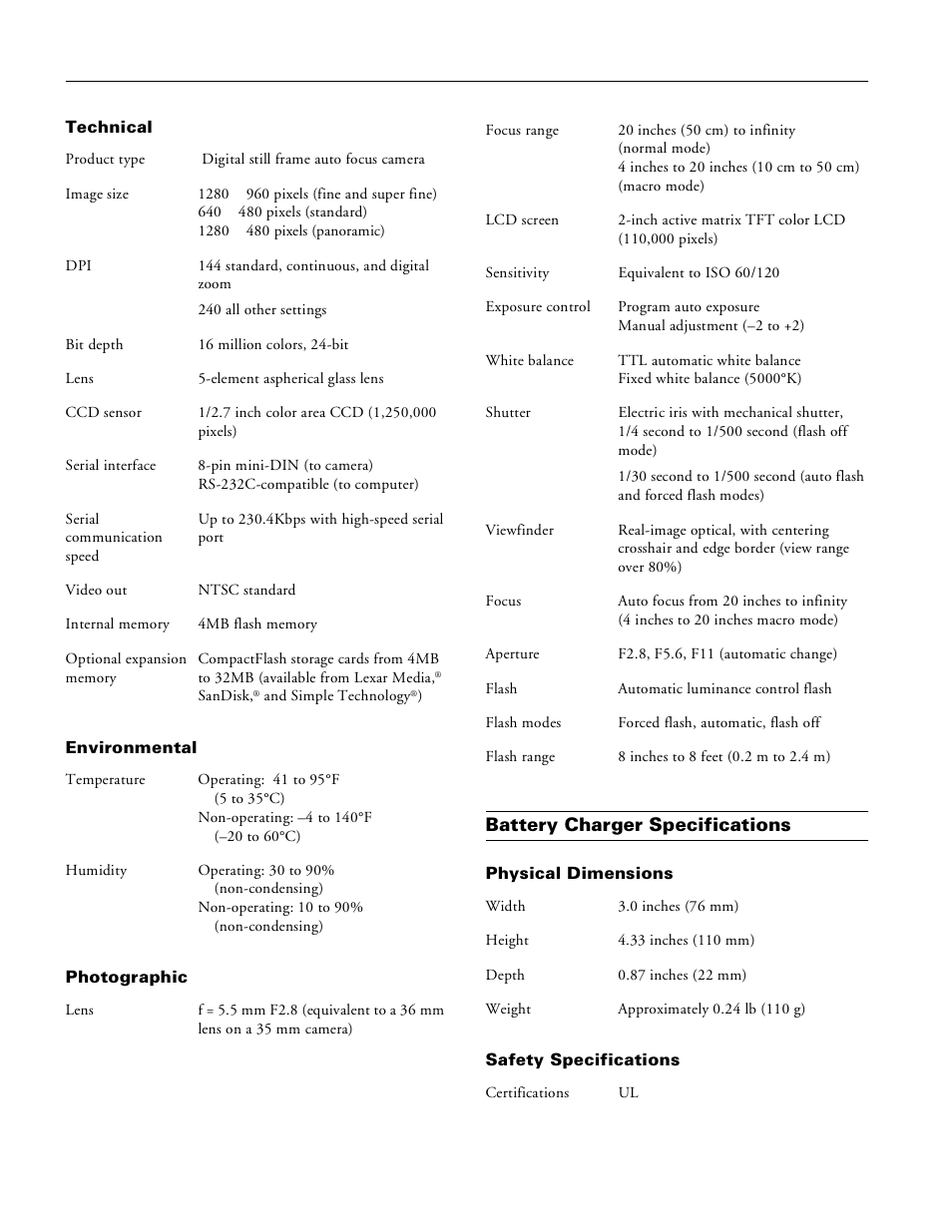 Technical, Environmental, Photographic | Battery charger specifications, Physical dimensions, Safety specifications | Epson 700 User Manual | Page 2 / 10