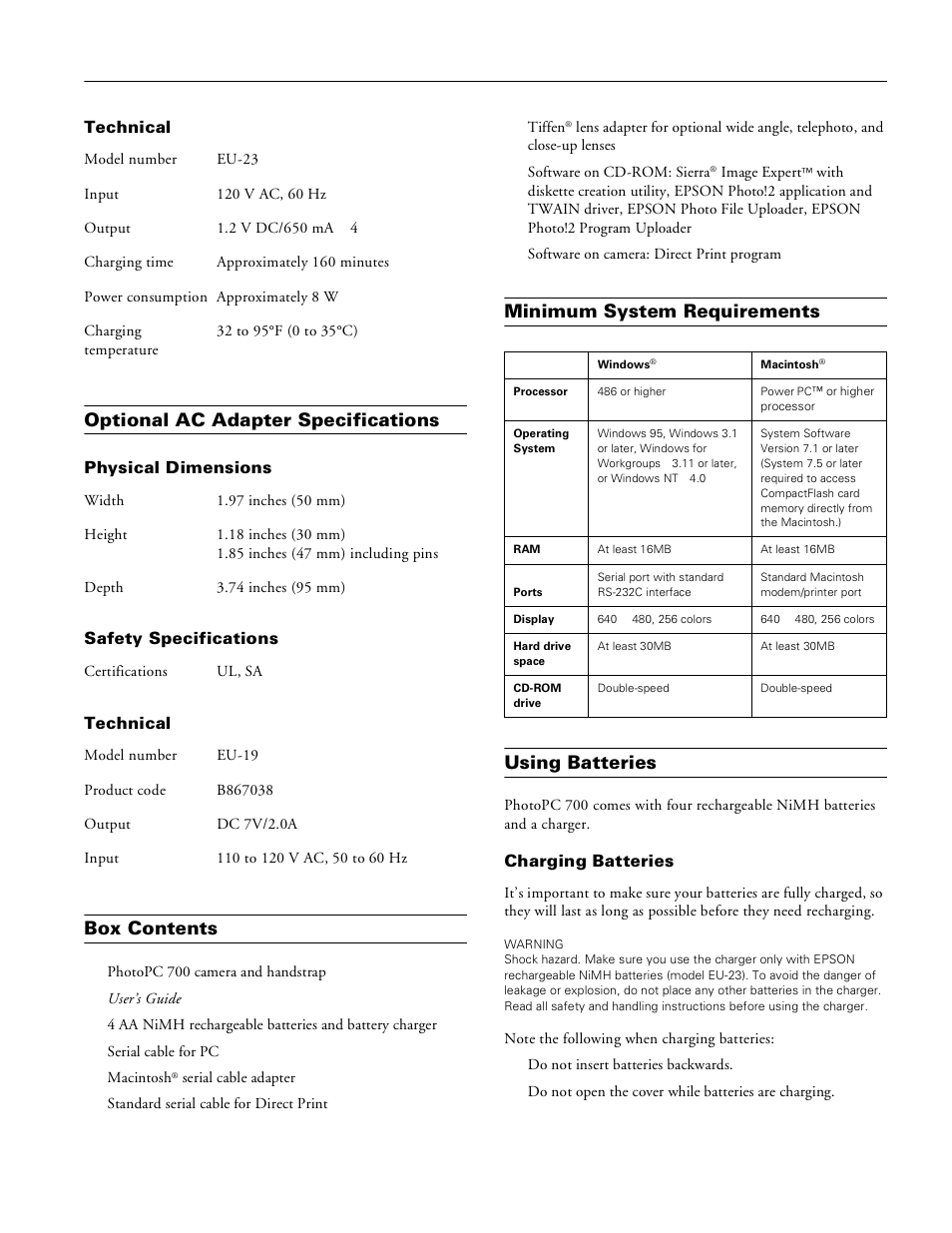 Technical, Optional ac adapter specifications, Physical dimensions | Safety specifications, Box contents, Minimum system requirements, Using batteries, Charging batteries, Epson photopc 700, Minimum system requirements using batteries | Epson 700 User Manual | Page 3 / 10