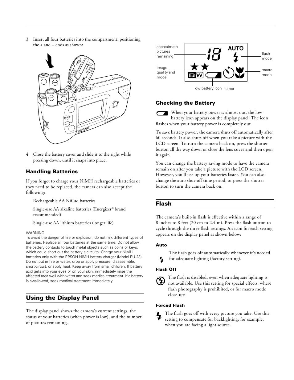 Handling batteries, Using the display panel, Checking the battery | Flash, Epson photopc 700 | Epson 700 User Manual | Page 5 / 10