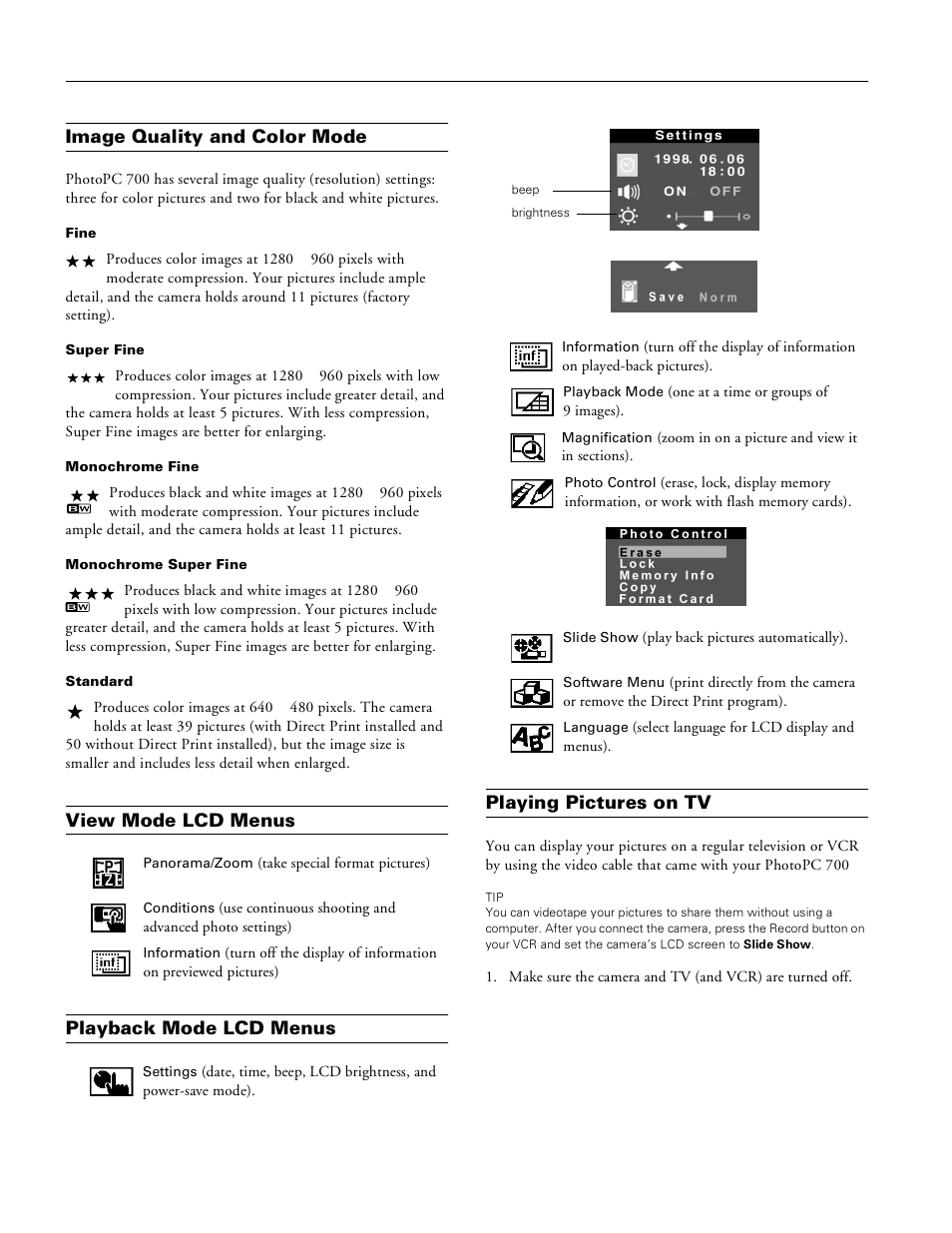 Image quality and color mode, View mode lcd menus, Playback mode lcd menus | Playing pictures on tv | Epson 700 User Manual | Page 6 / 10