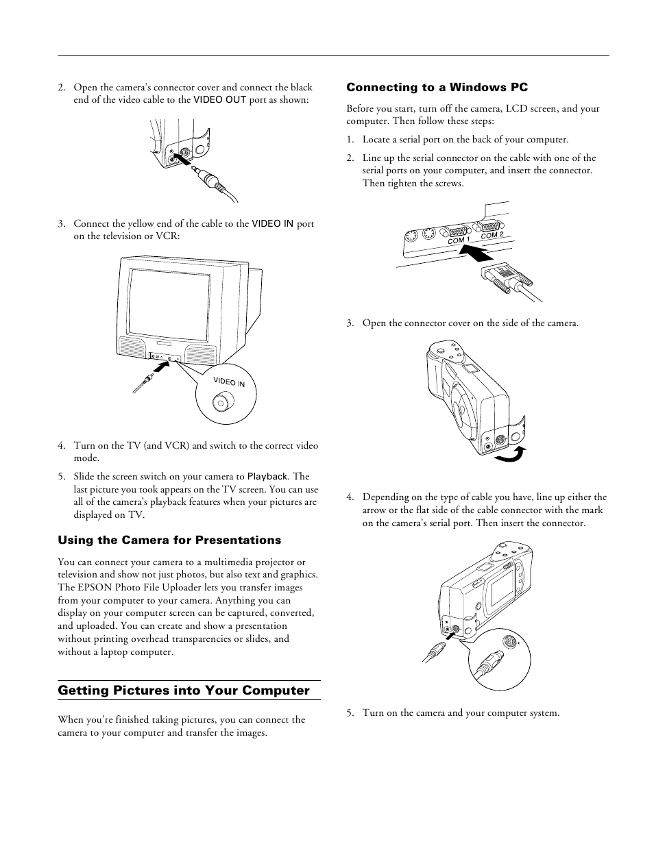 Using the camera for presentations, Getting pictures into your computer, Connecting to a windows pc | Epson 700 User Manual | Page 7 / 10