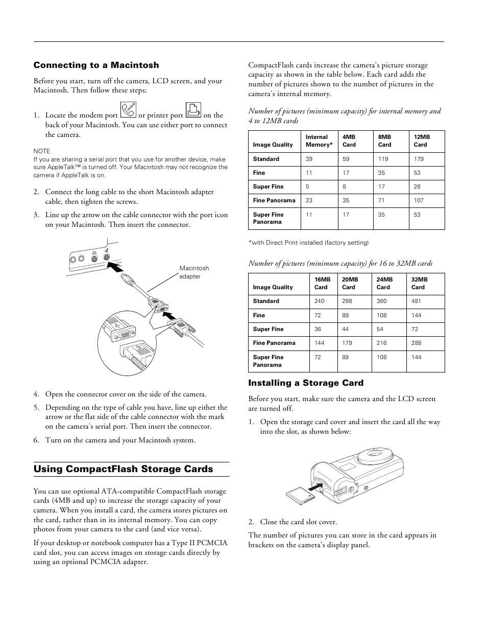 Connecting to a macintosh, Using compactflash storage cards, Installing a storage card | Epson photopc 700 | Epson 700 User Manual | Page 8 / 10