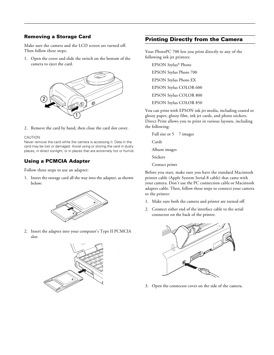 Removing a storage card, Using a pcmcia adapter, Printing directly from the camera | Epson 700 User Manual | Page 9 / 10