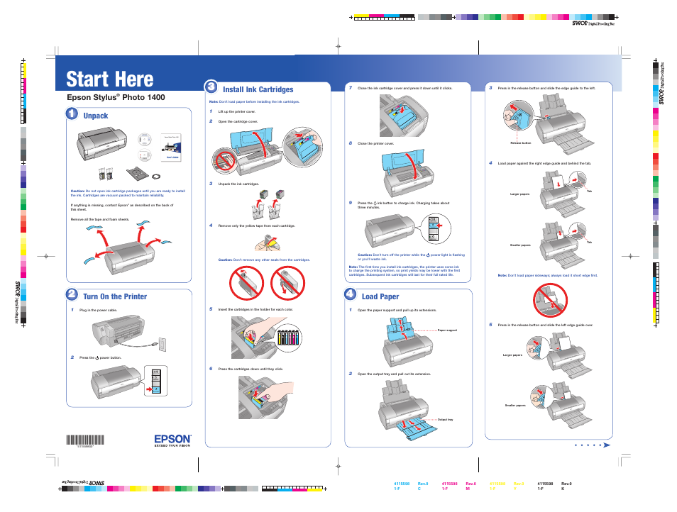 Install ink cartridges, Start here, Unpack | Epson stylus, Photo 1400, Turn on the printer, Load paper | Epson Stylus Photo 1400 User Manual | Page 2 / 8
