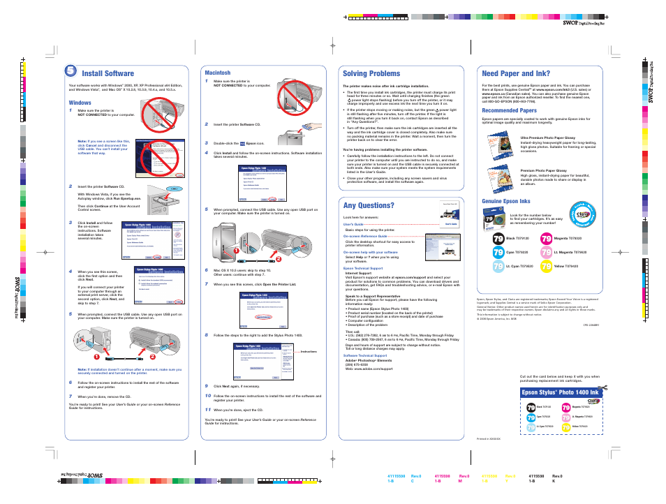Solving problems, Any questions, Install software | Need paper and ink, Windows, Macintosh, Recommended papers, Genuine epson inks, Epson stylus, Photo 1400 ink | Epson Stylus Photo 1400 User Manual | Page 7 / 8