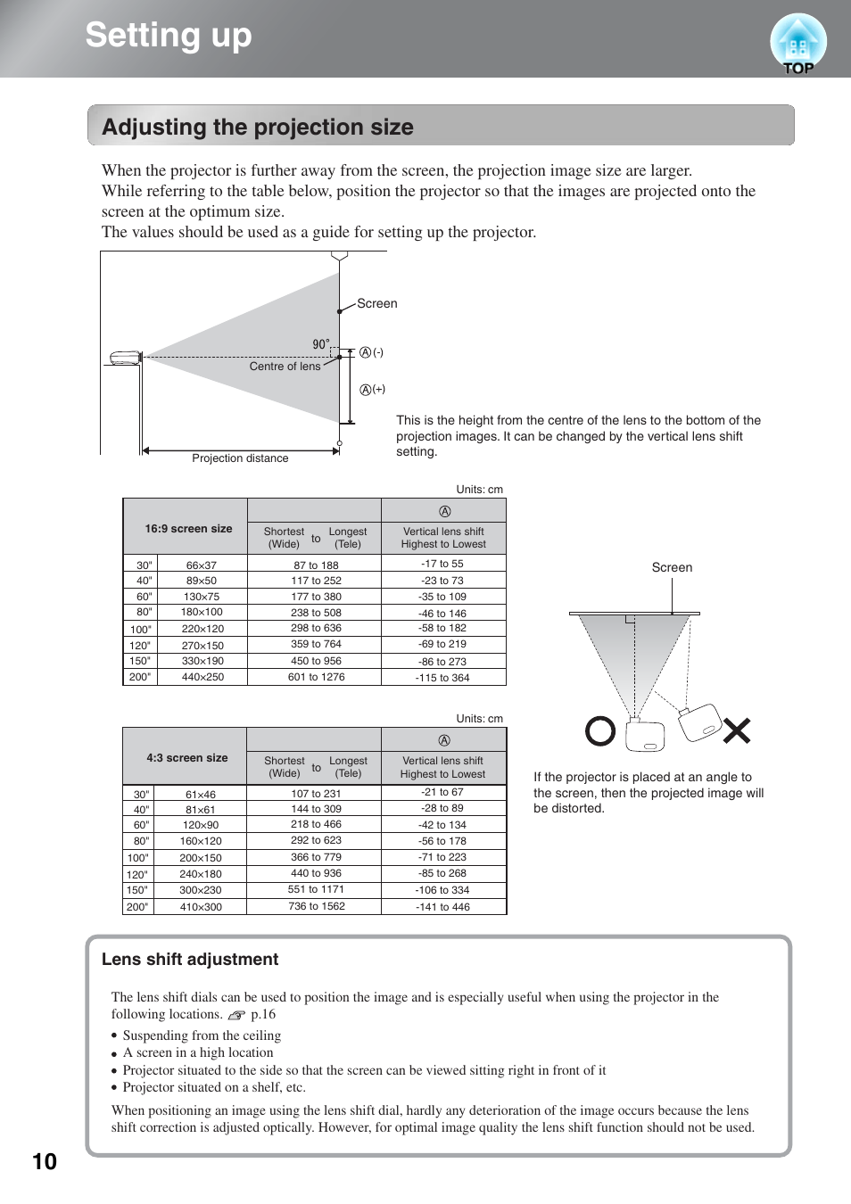 Setting up, Adjusting the projection size | Epson DREAMIO EH-TW3500 User Manual | Page 12 / 66