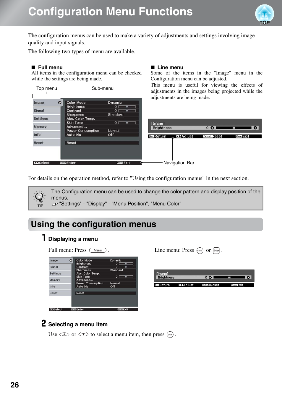 Configuration menu functions, Using the configuration menus | Epson DREAMIO EH-TW3500 User Manual | Page 28 / 66