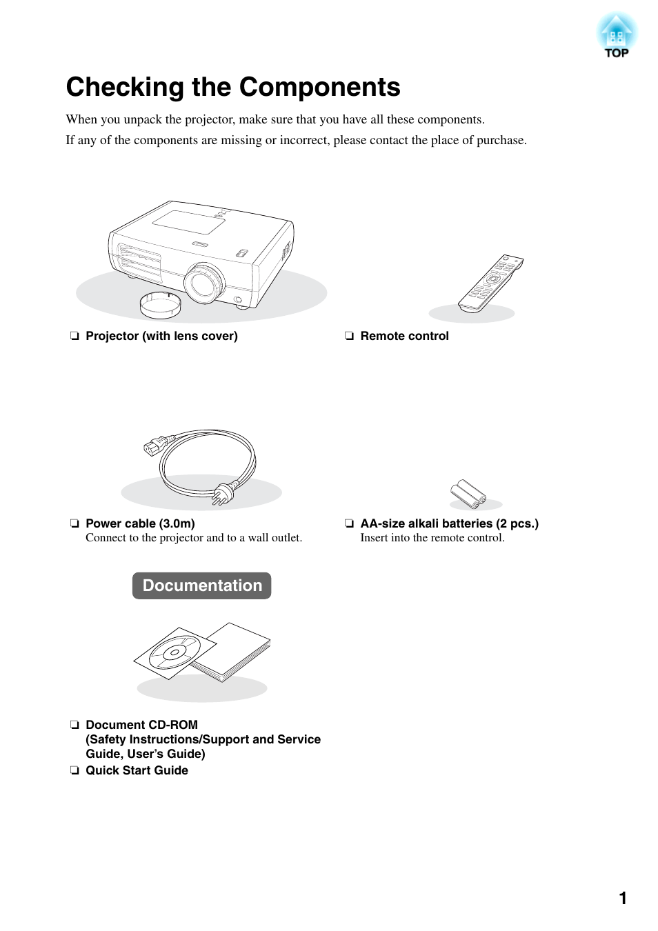 Checking the components | Epson DREAMIO EH-TW3500 User Manual | Page 3 / 66