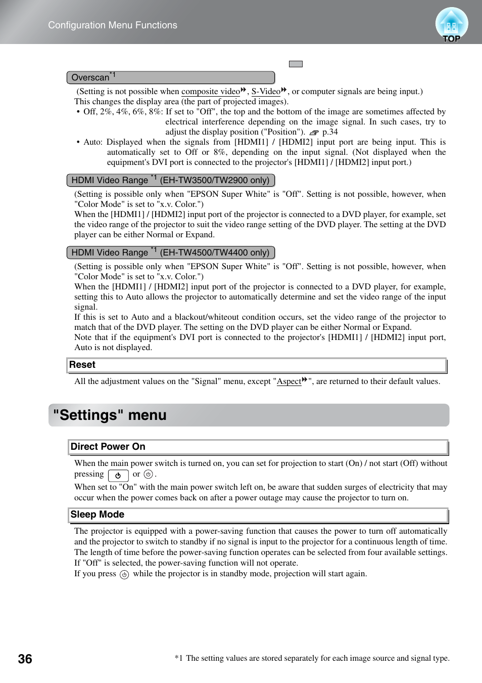 Settings" menu | Epson DREAMIO EH-TW3500 User Manual | Page 38 / 66