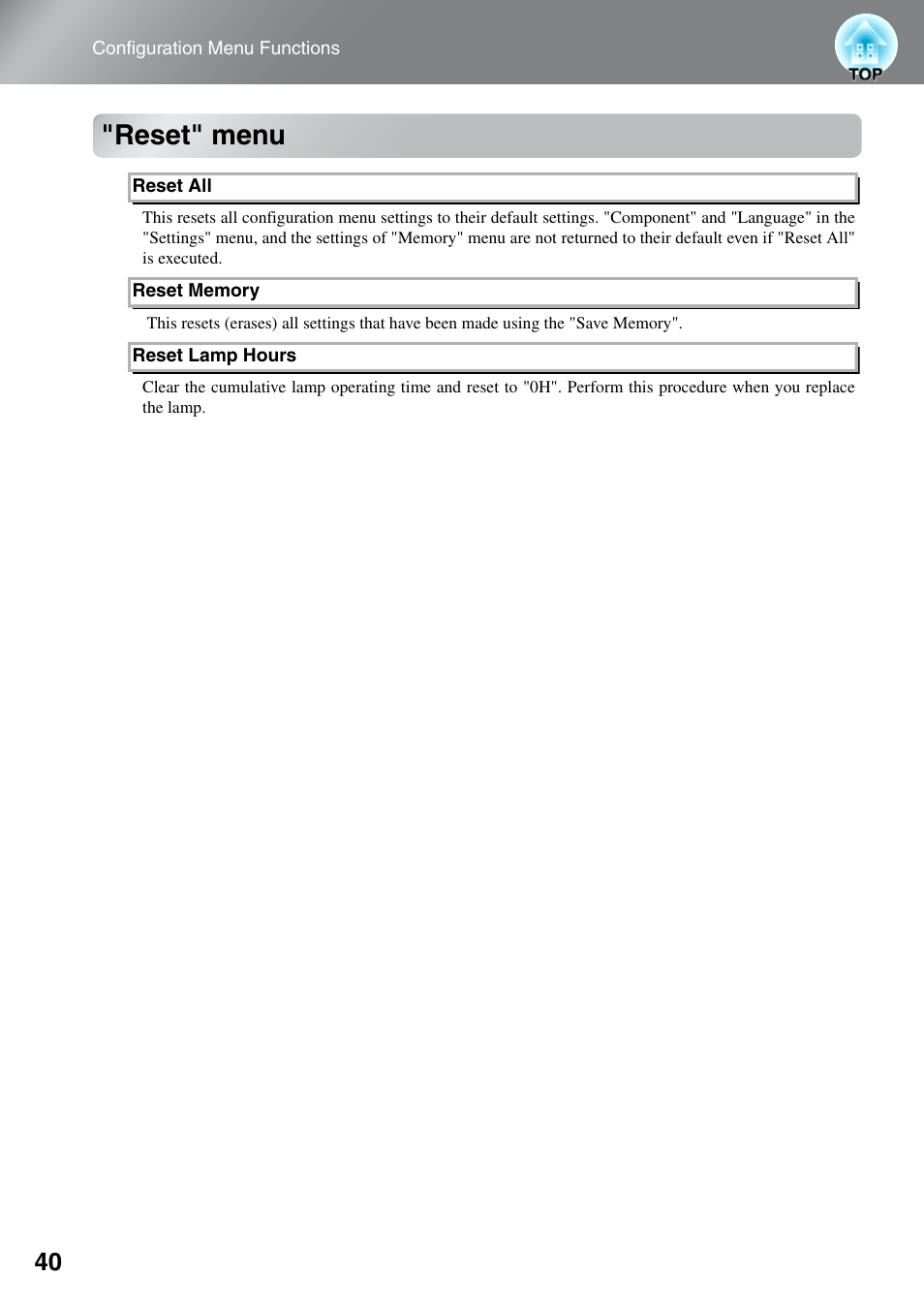 Reset" menu | Epson DREAMIO EH-TW3500 User Manual | Page 42 / 66