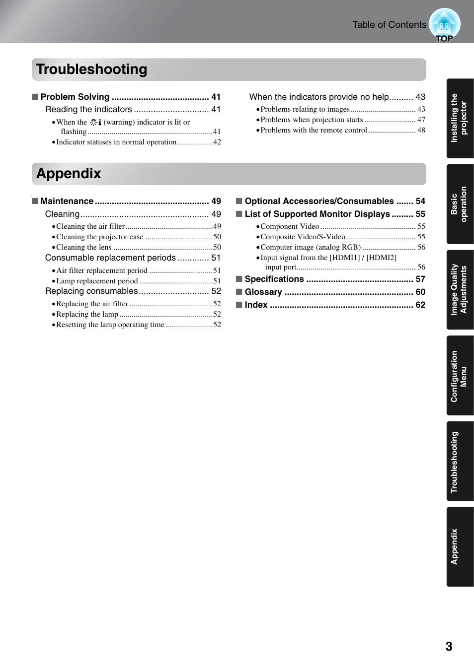 Troubleshooting, Appendix | Epson DREAMIO EH-TW3500 User Manual | Page 5 / 66