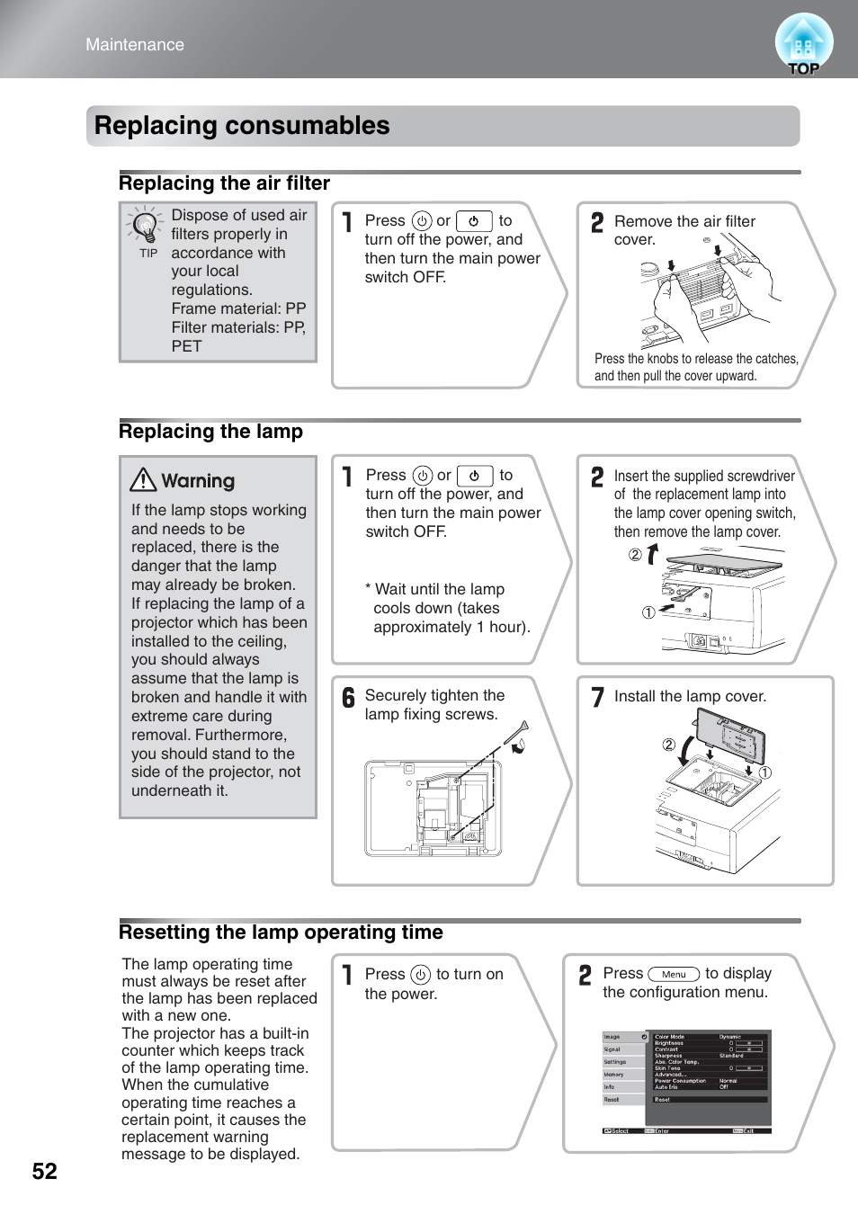 Replacing consumables, Replacing the air filter, Replacing the lamp | Resetting the lamp operating time | Epson DREAMIO EH-TW3500 User Manual | Page 54 / 66