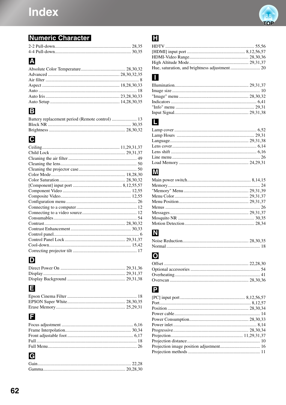 Index | Epson DREAMIO EH-TW3500 User Manual | Page 64 / 66