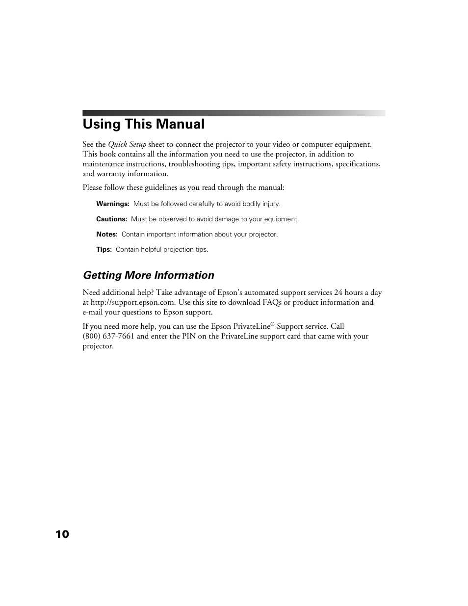 Using this manual, Getting more information | Epson POWERLITE HOME 10+ CPD-1790-4R2 User Manual | Page 10 / 44