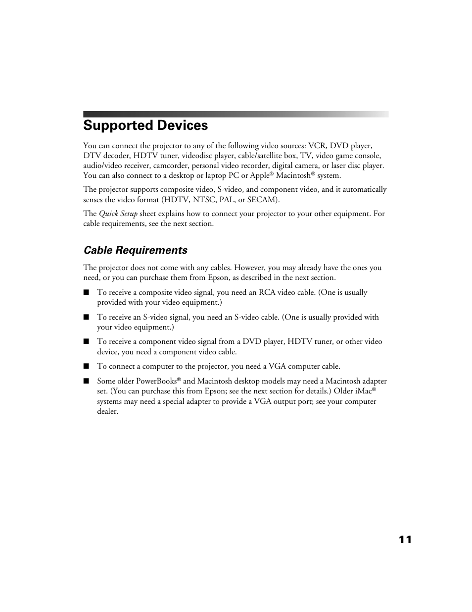 Supported devices, Cable requirements | Epson POWERLITE HOME 10+ CPD-1790-4R2 User Manual | Page 11 / 44