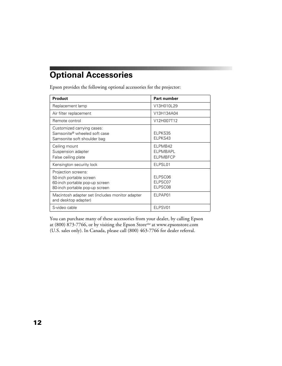 Optional accessories | Epson POWERLITE HOME 10+ CPD-1790-4R2 User Manual | Page 12 / 44