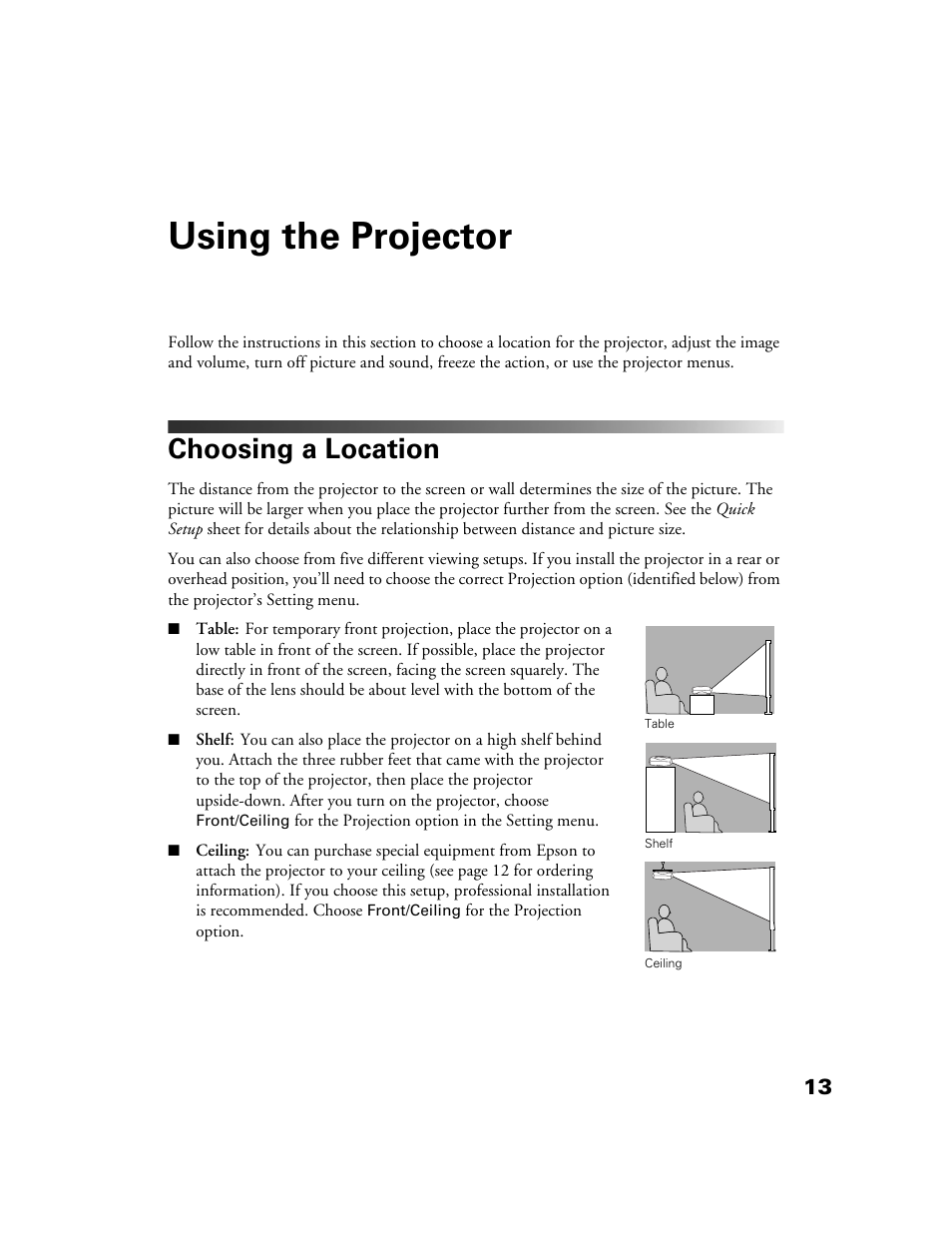 Using the projector, Choosing a location | Epson POWERLITE HOME 10+ CPD-1790-4R2 User Manual | Page 13 / 44