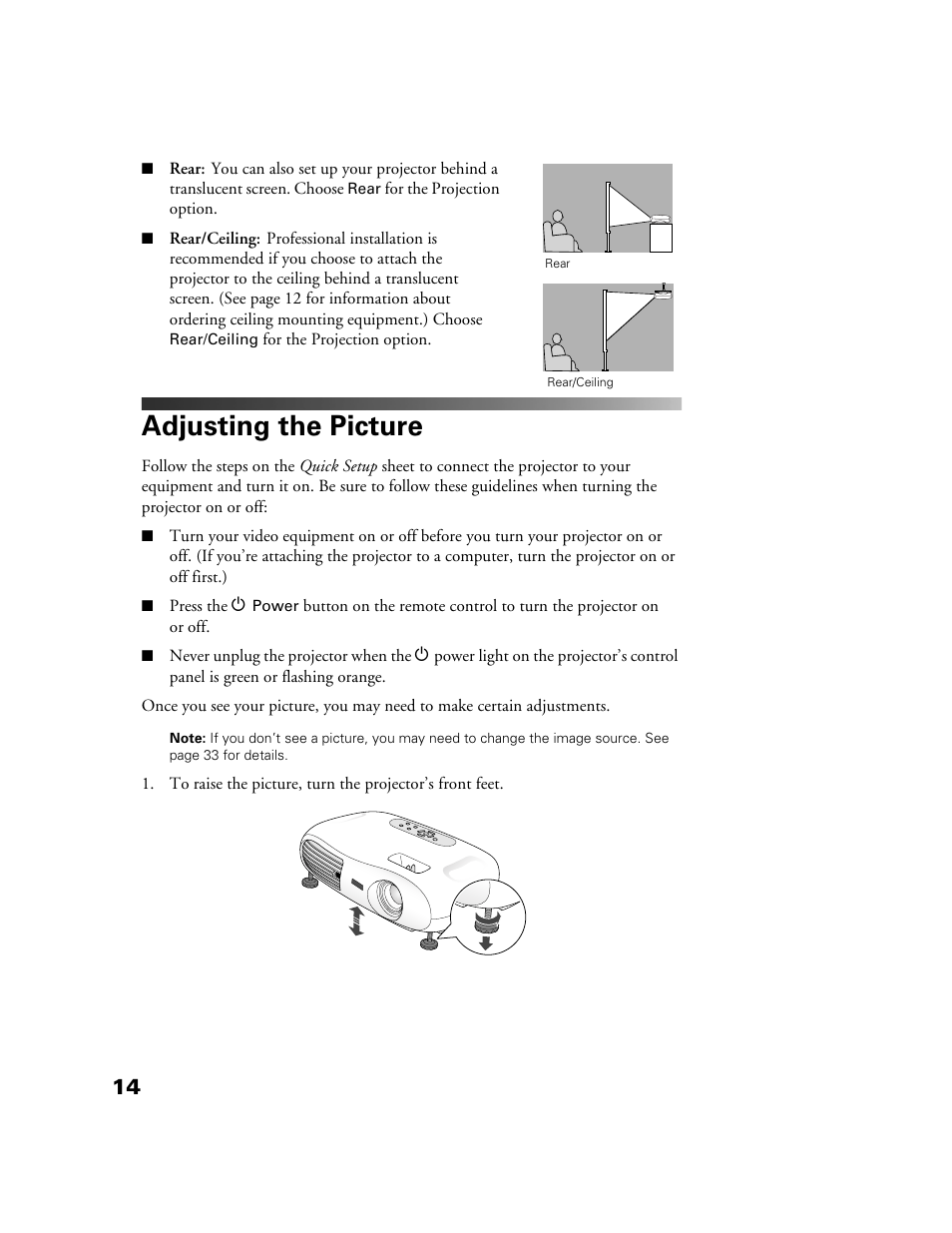 Adjusting the picture | Epson POWERLITE HOME 10+ CPD-1790-4R2 User Manual | Page 14 / 44