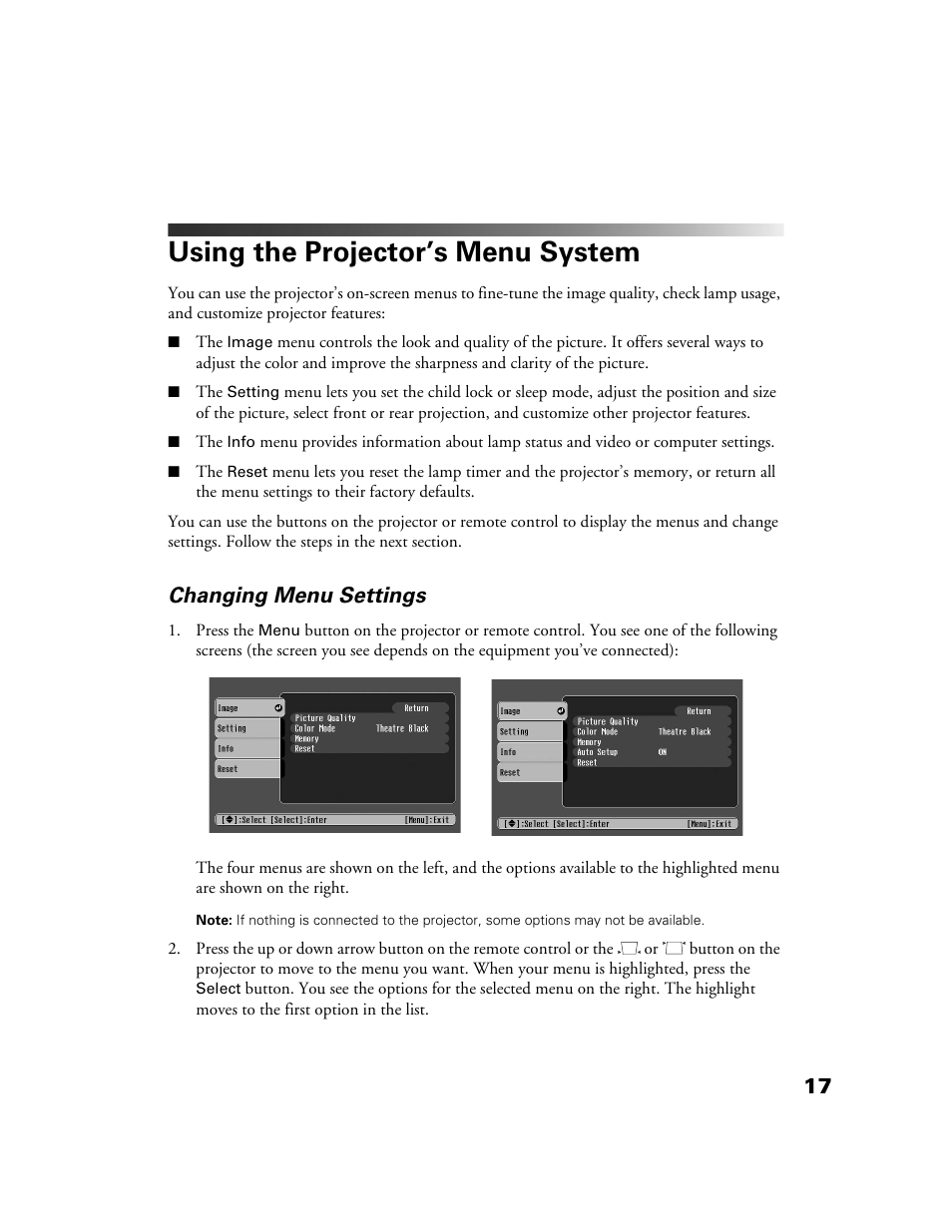 Using the projector’s menu system, Changing menu settings | Epson POWERLITE HOME 10+ CPD-1790-4R2 User Manual | Page 17 / 44