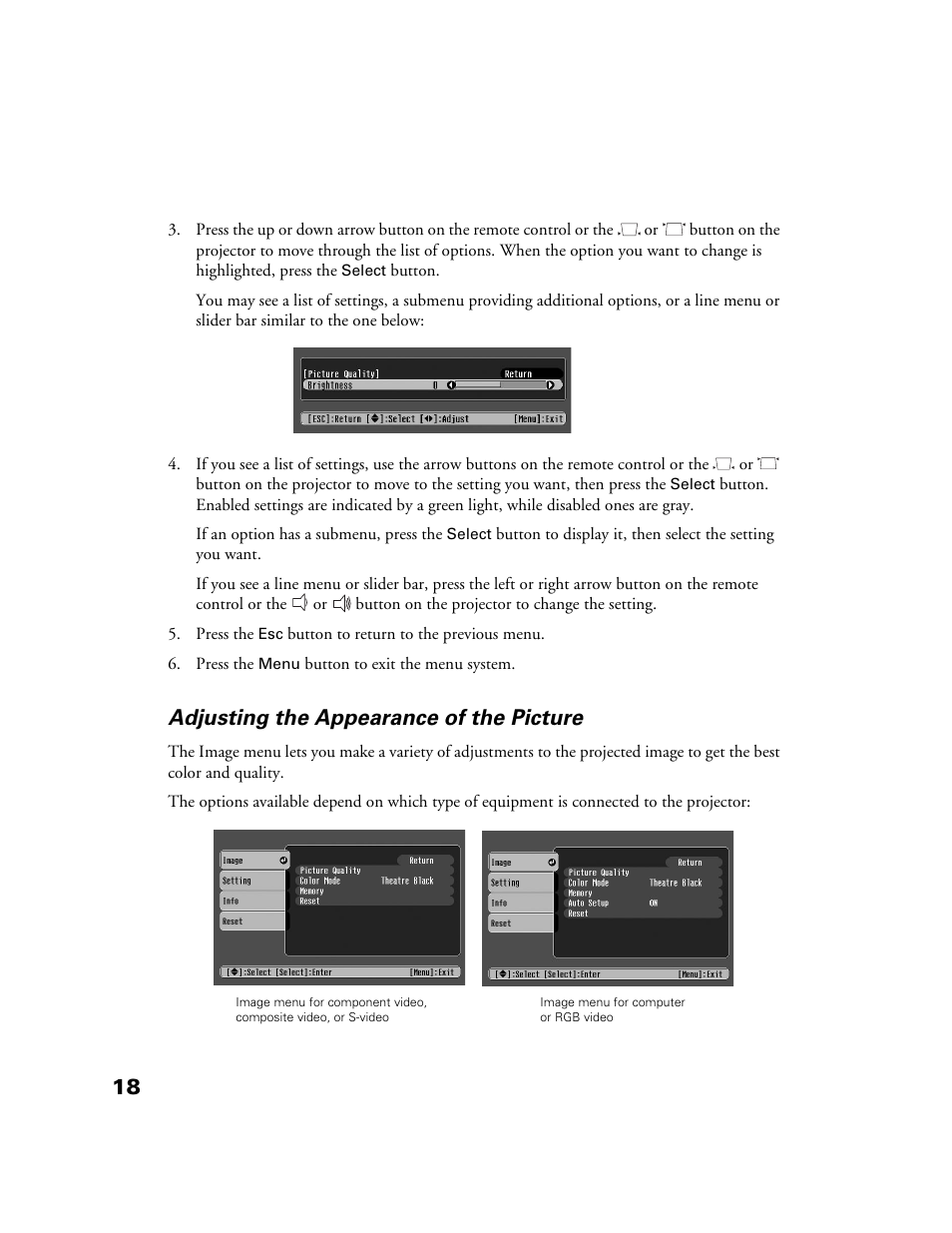 Adjusting the appearance of the picture | Epson POWERLITE HOME 10+ CPD-1790-4R2 User Manual | Page 18 / 44