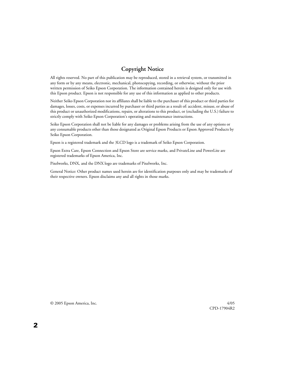 Copyright notice | Epson POWERLITE HOME 10+ CPD-1790-4R2 User Manual | Page 2 / 44