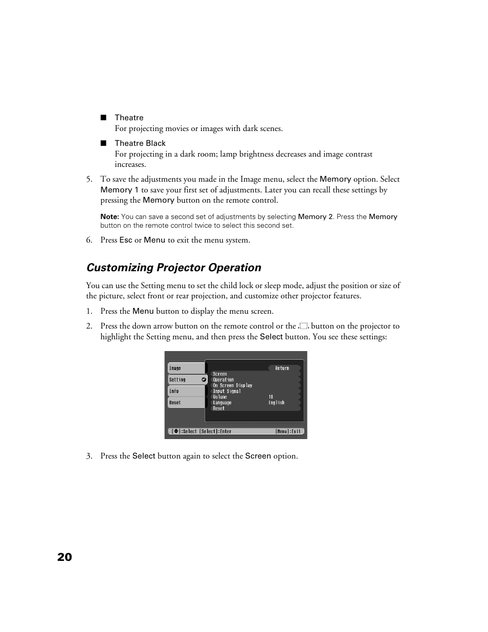 Customizing projector operation | Epson POWERLITE HOME 10+ CPD-1790-4R2 User Manual | Page 20 / 44