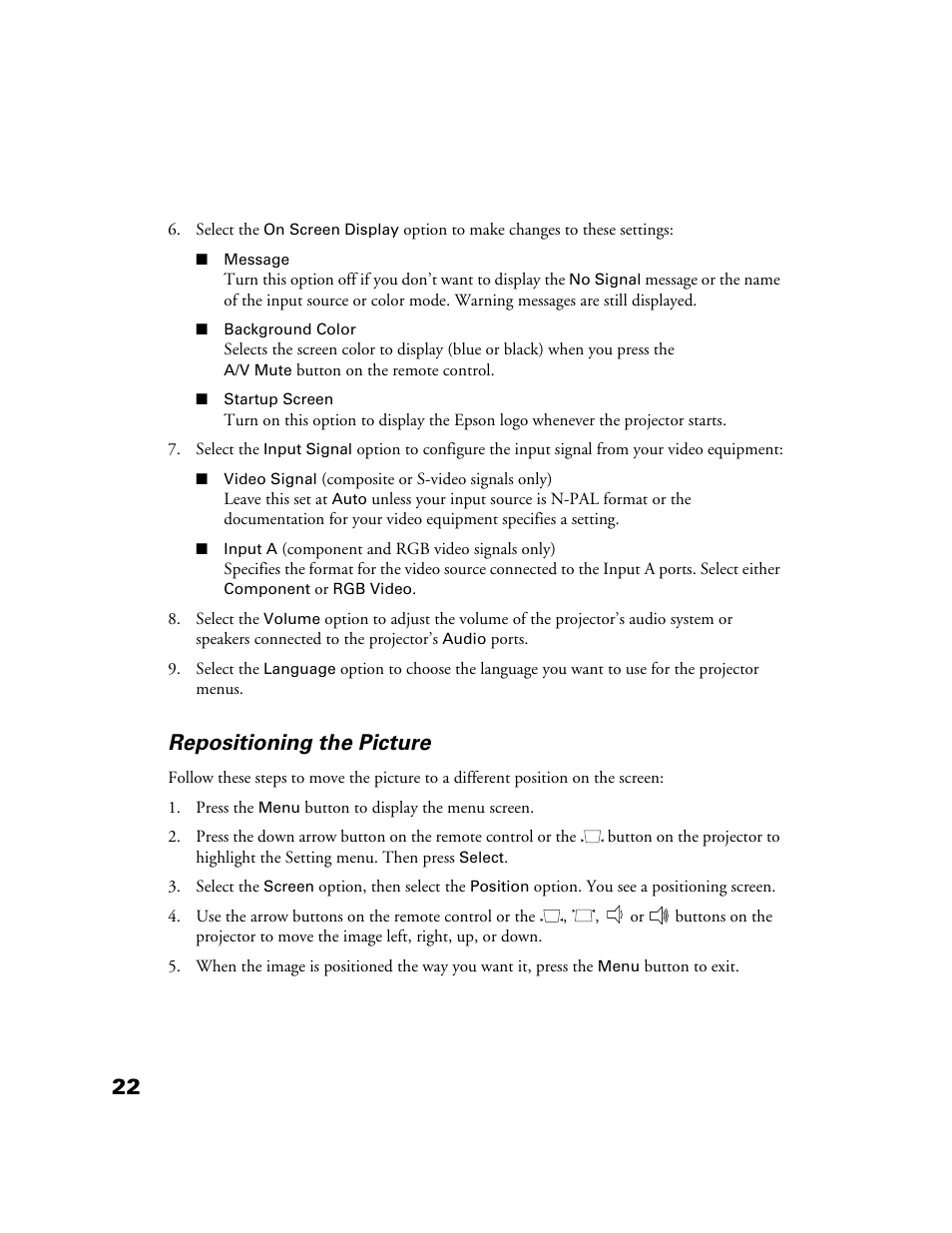 Repositioning the picture | Epson POWERLITE HOME 10+ CPD-1790-4R2 User Manual | Page 22 / 44