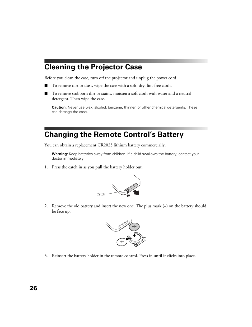 Cleaning the projector case, Changing the remote control’s battery | Epson POWERLITE HOME 10+ CPD-1790-4R2 User Manual | Page 26 / 44