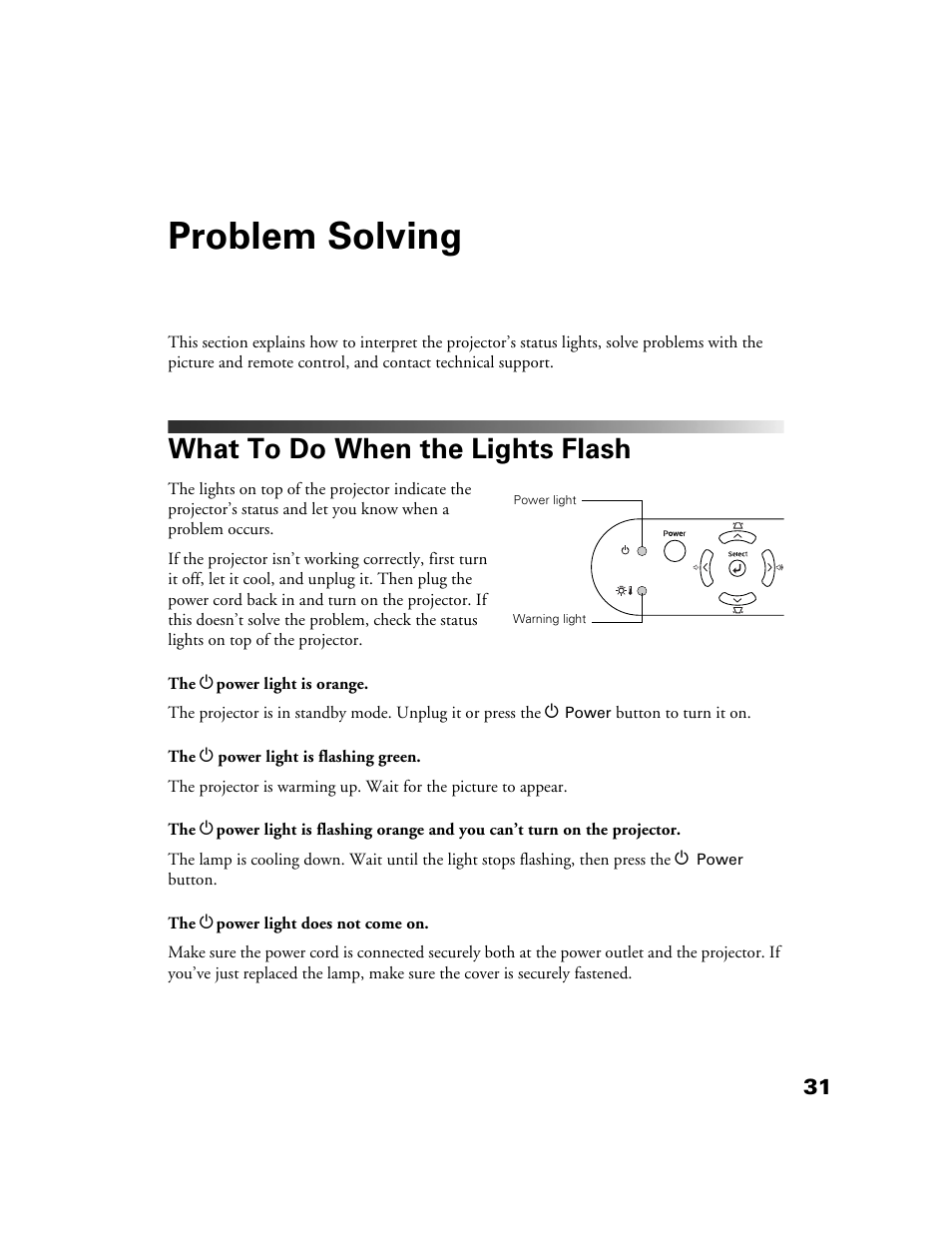 Problem solving, What to do when the lights flash | Epson POWERLITE HOME 10+ CPD-1790-4R2 User Manual | Page 31 / 44