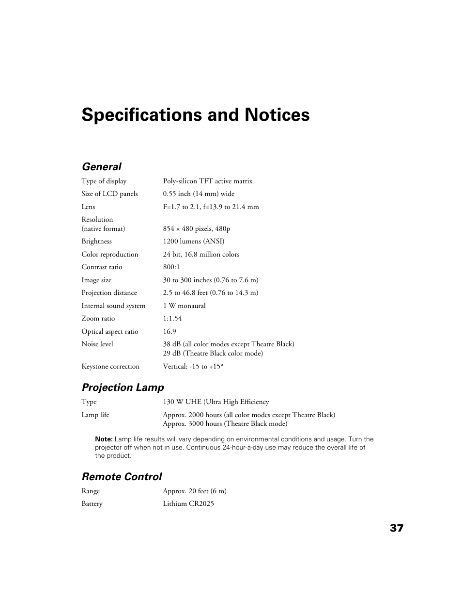 Specifications and notices, General, Projection lamp | Remote control | Epson POWERLITE HOME 10+ CPD-1790-4R2 User Manual | Page 37 / 44