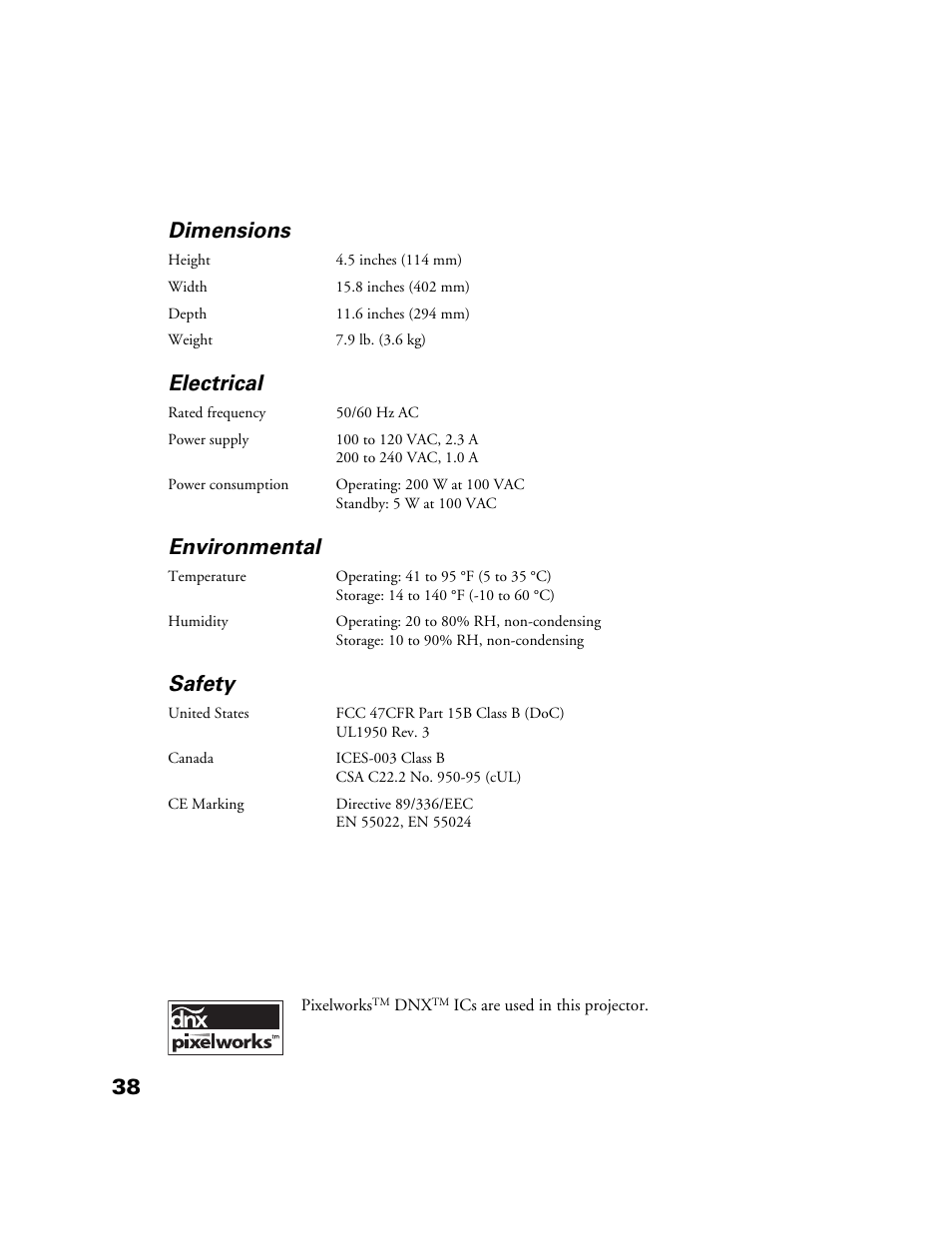 Dimensions, Electrical, Environmental | Safety, 38 dimensions | Epson POWERLITE HOME 10+ CPD-1790-4R2 User Manual | Page 38 / 44