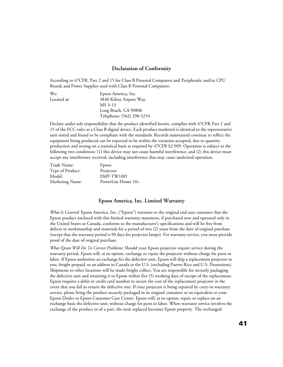 Declaration of conformity, Epson america, inc. limited warranty, Warranty | Epson POWERLITE HOME 10+ CPD-1790-4R2 User Manual | Page 41 / 44