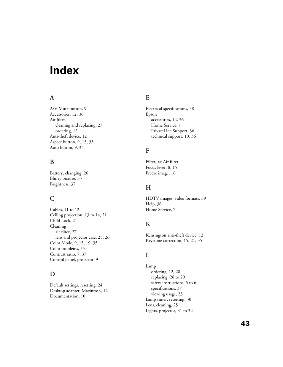 Index | Epson POWERLITE HOME 10+ CPD-1790-4R2 User Manual | Page 43 / 44