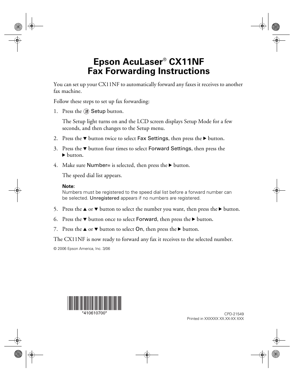 Fax forwarding instructions, Epson aculaser, Cx11nf fax forwarding instructions | Epson AcuLaser F CX11N User Manual | Page 6 / 6