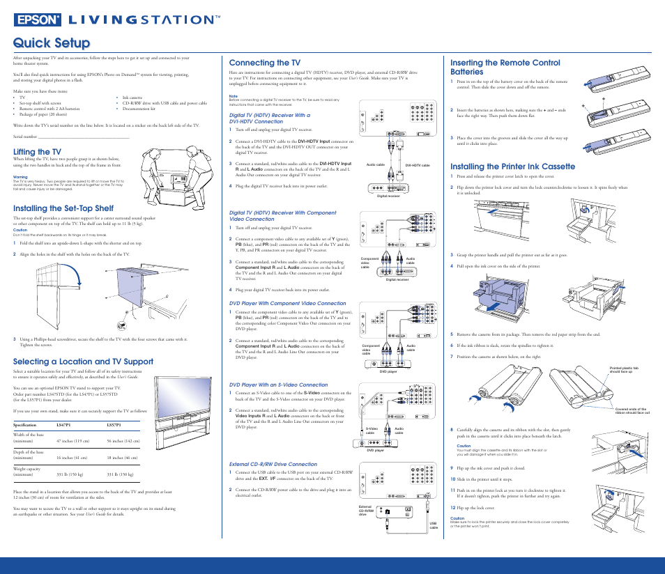 Inserting the remote control batteries, Installing the printer ink cassette, Quick setup | Lifting the tv, Installing the set-top shelf, Selecting a location and tv support, Connecting the tv | Epson LP47P1 User Manual | Page 3 / 6
