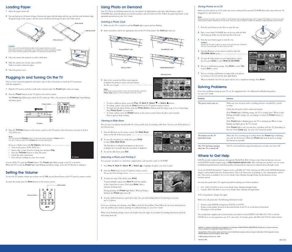 Storing photos on a cd, Solving problems, Where to get help | Loading paper, Plugging in and turning on the tv, Setting the volume, Using photo on demand | Epson LP47P1 User Manual | Page 6 / 6