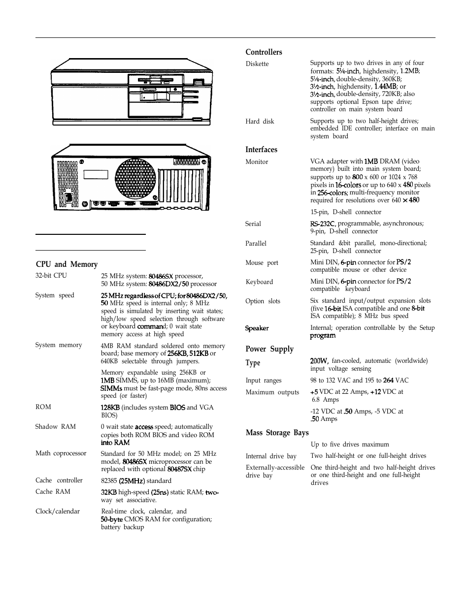 Computer specifications, Cpu and memory, Controllers | Interfaces, Power supply, Mass storage bays | Epson 486DX2  EN User Manual | Page 2 / 6