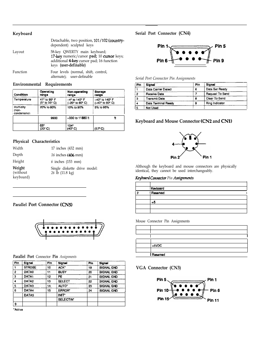 Keyboard, Environmental requirements, Physical characteristics | Connector pin assignments, Parallel port connector (cn5), Serial port connector (cn4), Keyboard and mouse connector (cnz and cnl), Vga connector (cn3), Cn4), Port connector | Epson 486DX2  EN User Manual | Page 3 / 6