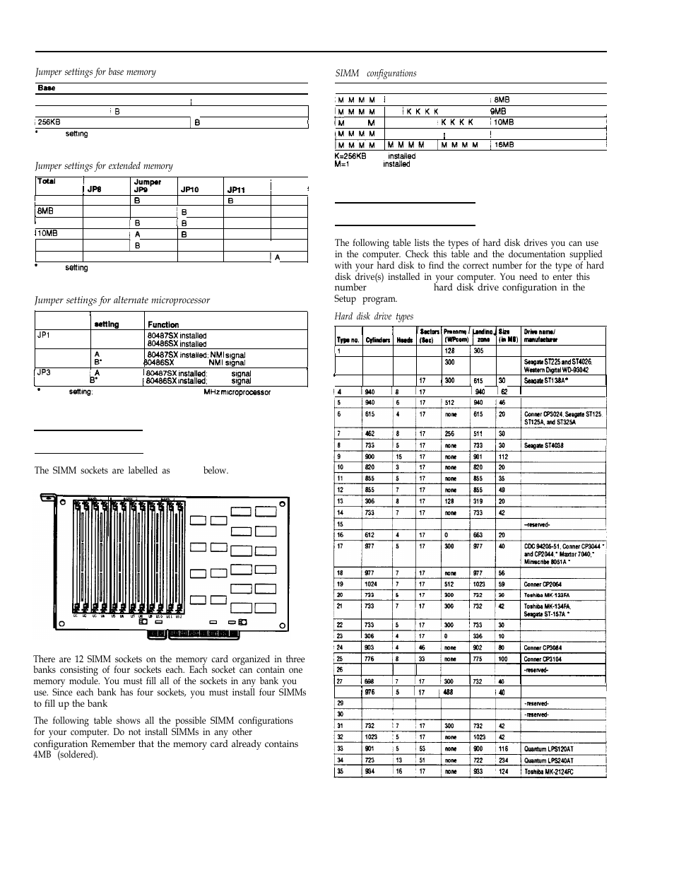 Simm installation, Hard disk drive types, Simm lnstallation | Epson 486DX2  EN User Manual | Page 5 / 6