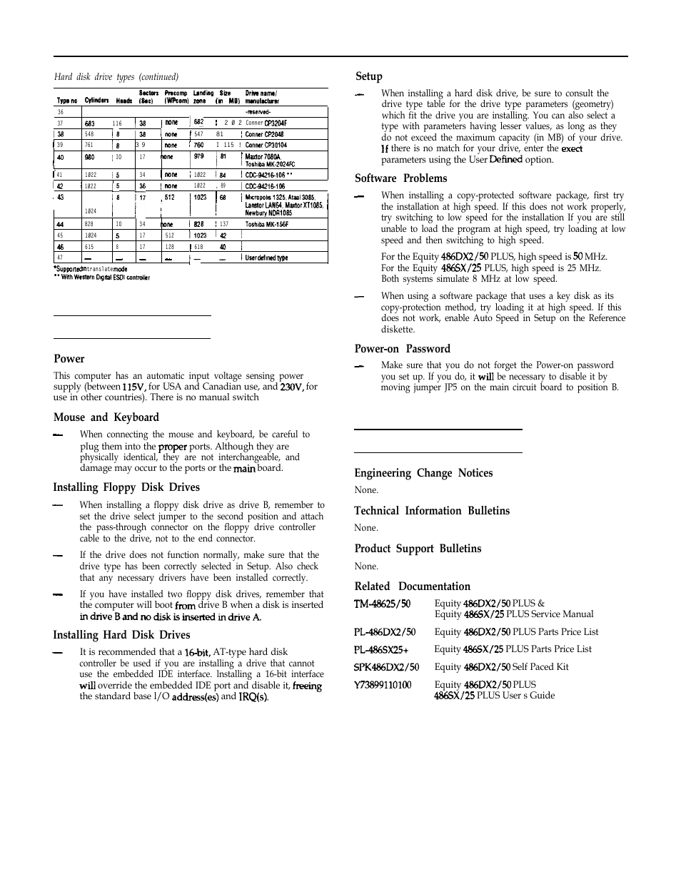 Installing / support/ tips, Power, Mouse and keyboard | Installing floppy disk drives, Installing hard disk drives, Setup, Software problems, Power-on password, Information reference list, Related documentation | Epson 486DX2  EN User Manual | Page 6 / 6